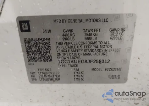 2018 Chevrolet Silverado 2500Hd Wt z USA, uszkodzony, nr VIN 1GC1KUEG9JF258012